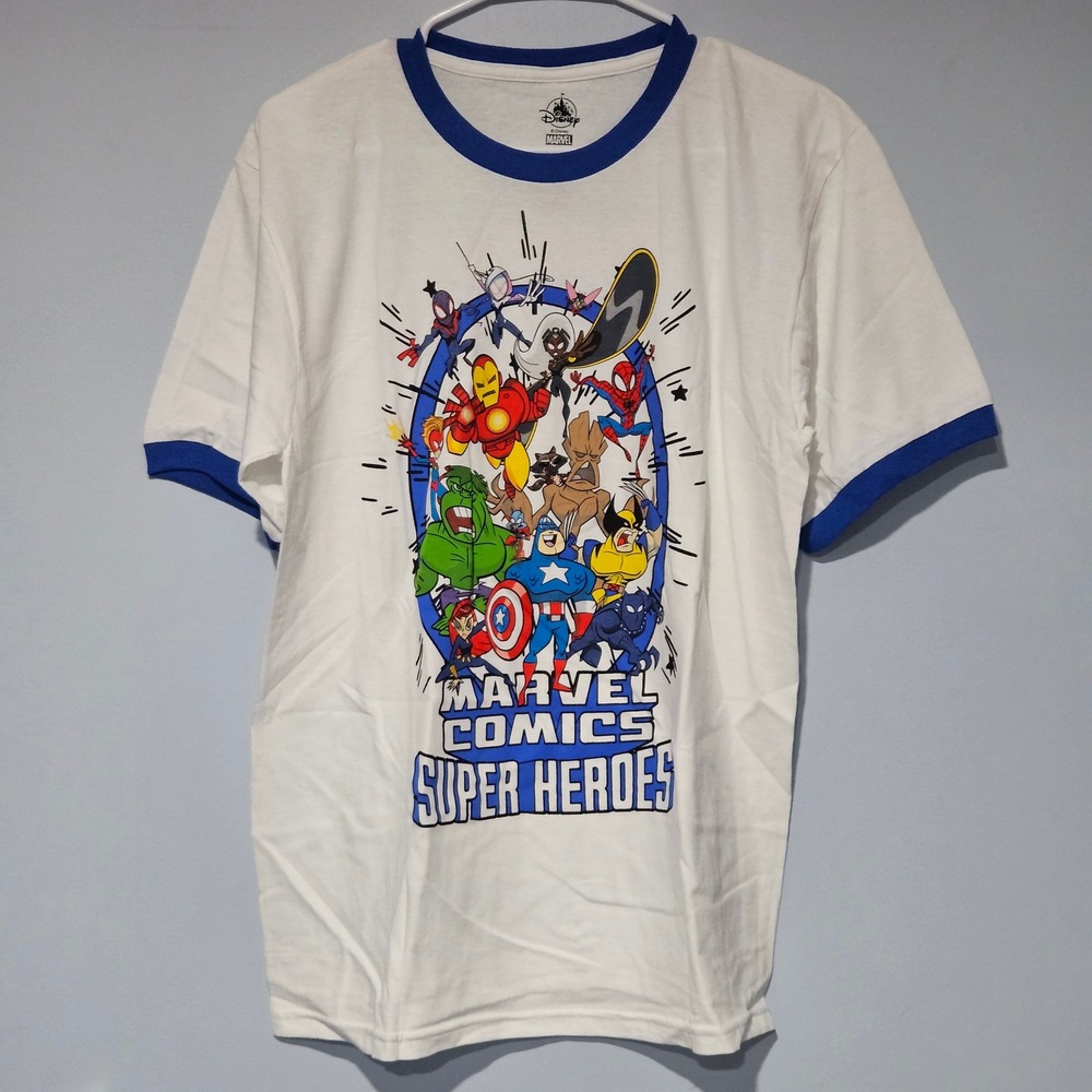 Disney Marvel Comics Super Heroes Ringer Tee White Blue XL Kids Short Sleeve